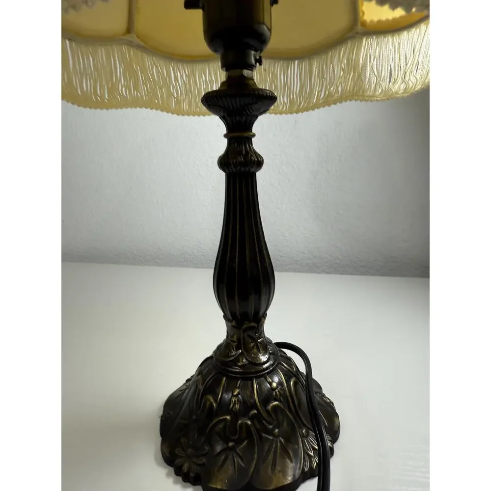 Vintage 1950s Style Brass Table Lamp, Floral Relief Base, Cream Fringed Shade